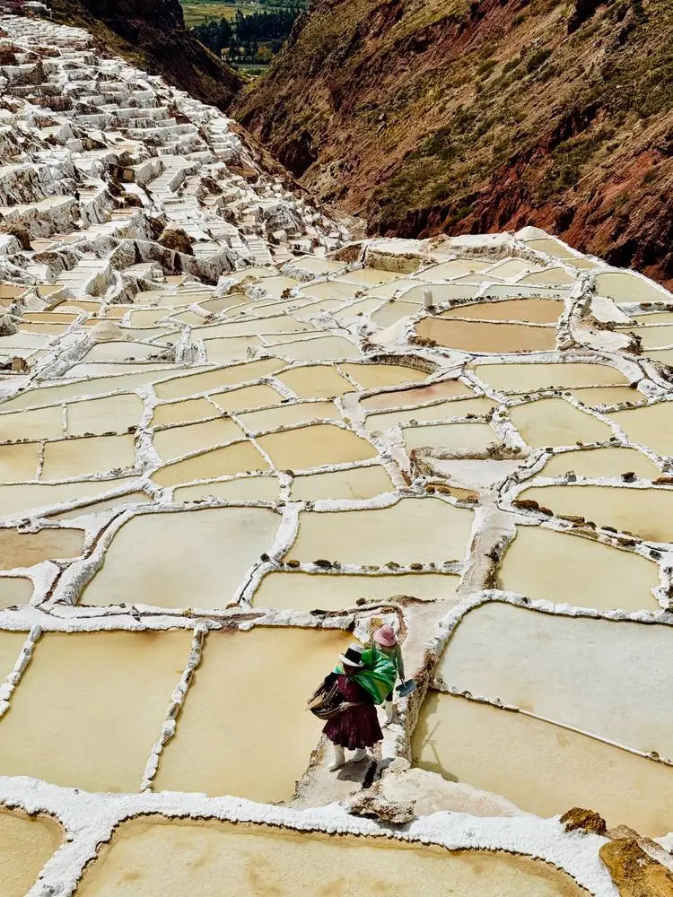 Salines en terrasses et saulniers au travail, Pérou